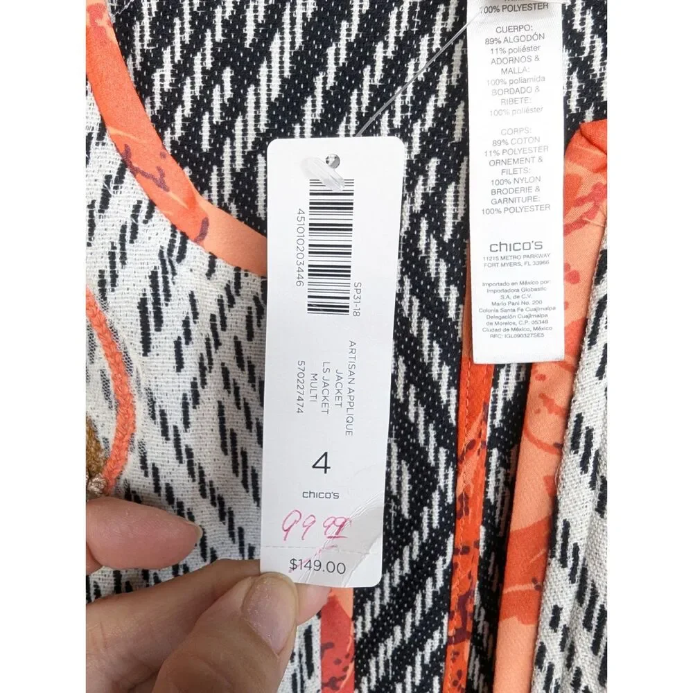 NWT Chico's Open Front Jacket Sz 4 Artisan Applique Embroidered Artsy Unique